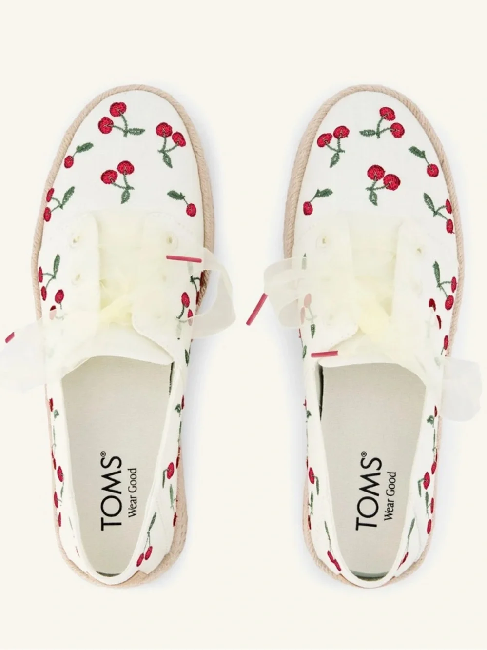 TOMS Carolina Lace-Up Espadrilles Croquette 🍒 Cherries Embroidery Sneaker 9 NWOT